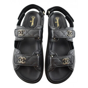 Chanel REV Black Caviar Gold CC Logo Mule Slide Strap Flat Teva Dad Sandal 39